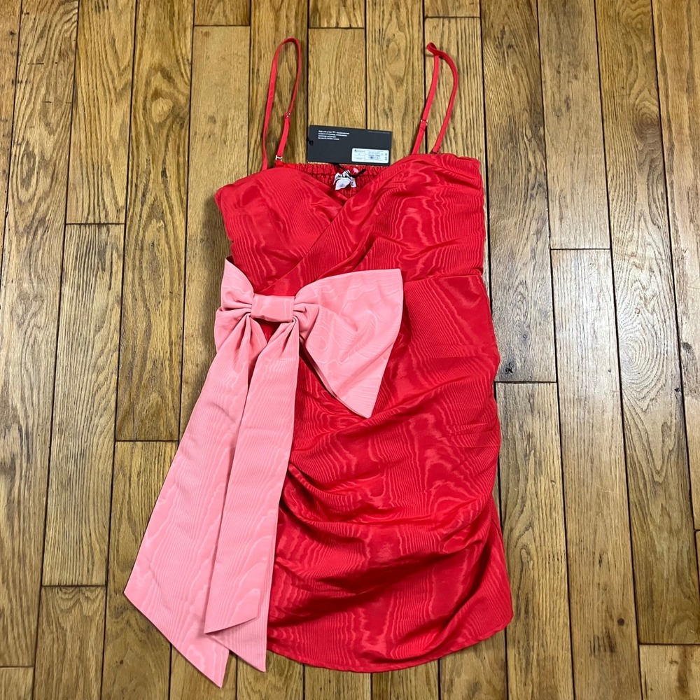 NEW Future Collective Red Mini Dress Pink Oversized Bow Ruched‎ Sweetheart S